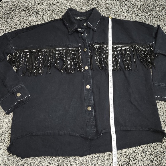 Western Black Button Up Long Sleeve RawHem Rhinestone Fringe Nashville Cezele S - Picture 5 of 9